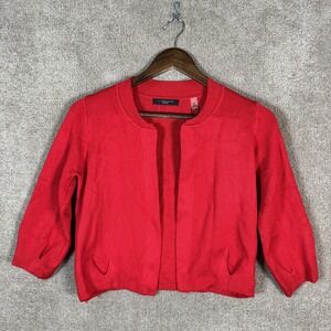 T Tahari Cardigan Sweater Womens Petite PP Tomato Red Open Front 3/4 Sleeve